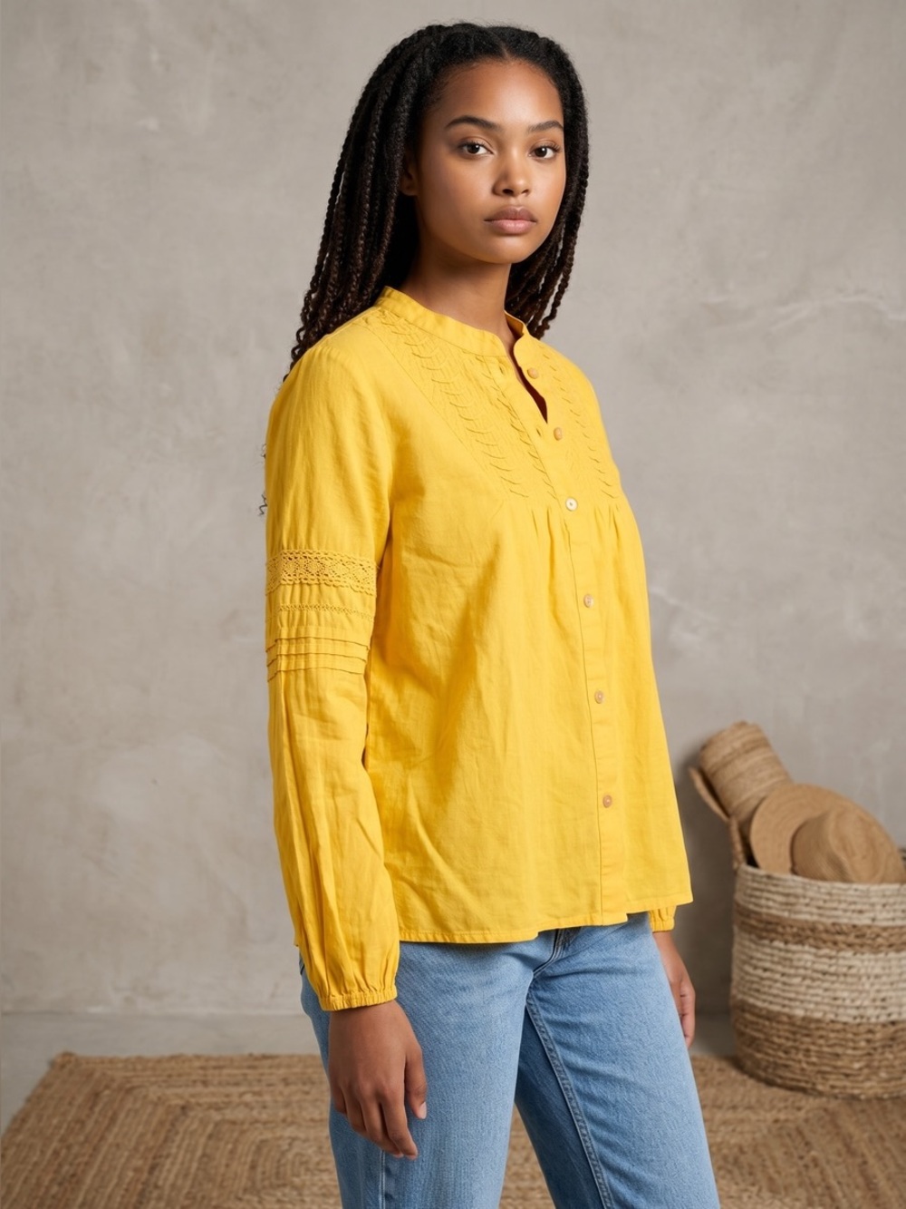 🛫 Carribean Joe Cotton Yellow Women's Button-Front Blouse size XL